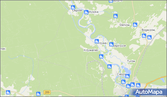 mapa Krzywaniec gmina Nowogród Bobrzański, Krzywaniec gmina Nowogród Bobrzański na mapie Targeo