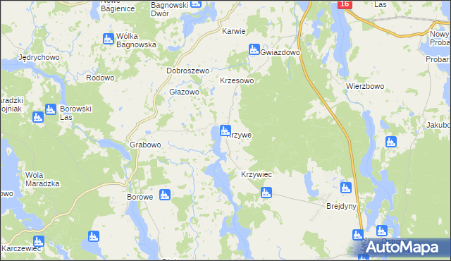 mapa Krzywe gmina Mrągowo, Krzywe gmina Mrągowo na mapie Targeo
