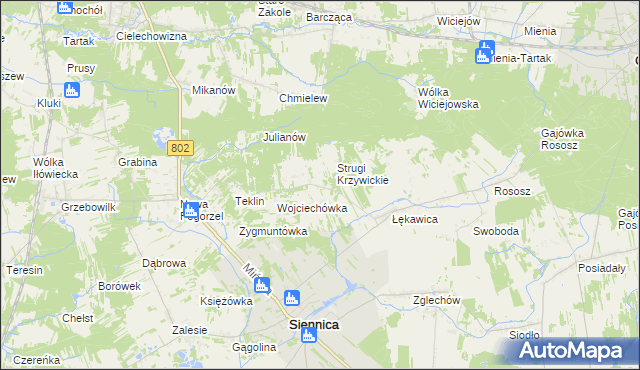 mapa Krzywica gmina Siennica, Krzywica gmina Siennica na mapie Targeo