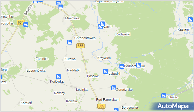 mapa Krzywiec gmina Narew, Krzywiec gmina Narew na mapie Targeo