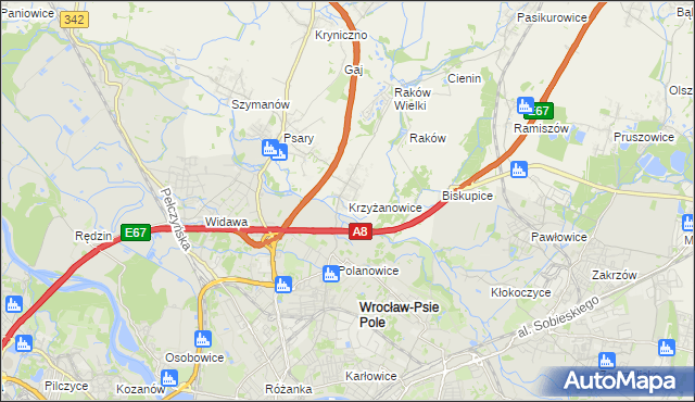 mapa Krzyżanowice gmina Wisznia Mała, Krzyżanowice gmina Wisznia Mała na mapie Targeo