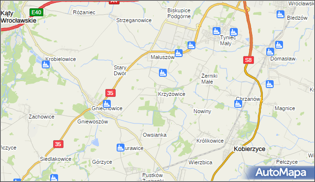 mapa Krzyżowice gmina Kobierzyce, Krzyżowice gmina Kobierzyce na mapie Targeo