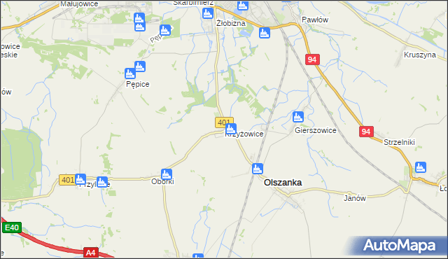 mapa Krzyżowice gmina Olszanka, Krzyżowice gmina Olszanka na mapie Targeo