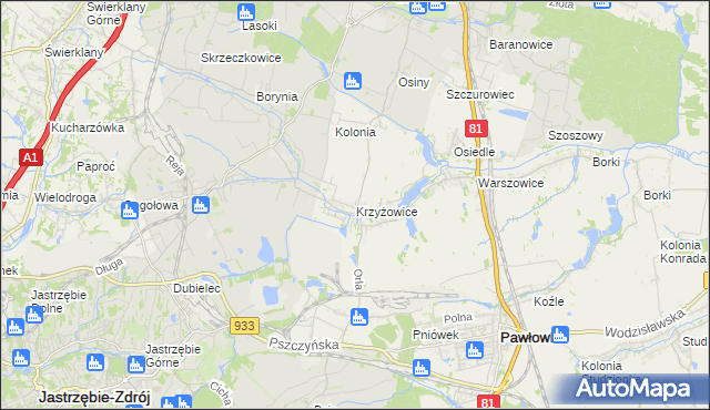 mapa Krzyżowice gmina Pawłowice, Krzyżowice gmina Pawłowice na mapie Targeo