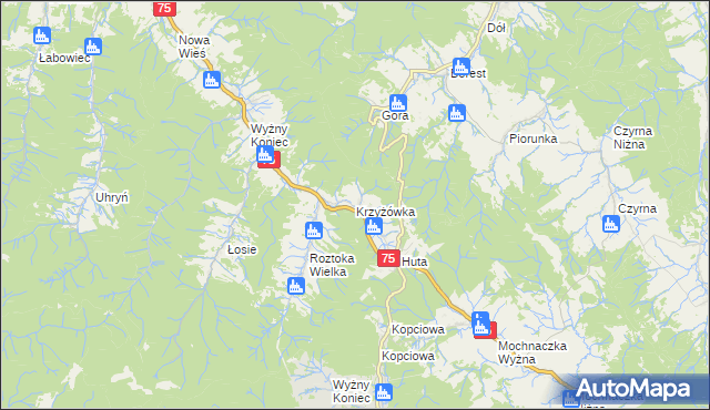 mapa Krzyżówka gmina Łabowa, Krzyżówka gmina Łabowa na mapie Targeo