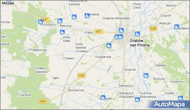 mapa Książenice gmina Grabów nad Prosną, Książenice gmina Grabów nad Prosną na mapie Targeo