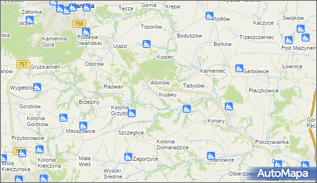 mapa Kujawy gmina Iwaniska, Kujawy gmina Iwaniska na mapie Targeo