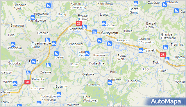 mapa Kunowa, Kunowa na mapie Targeo