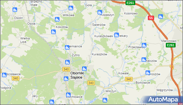 mapa Kuraszków gmina Oborniki Śląskie, Kuraszków gmina Oborniki Śląskie na mapie Targeo