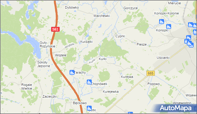 mapa Kurki gmina Grajewo, Kurki gmina Grajewo na mapie Targeo