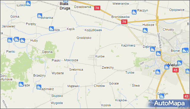 mapa Kurów gmina Wieluń, Kurów gmina Wieluń na mapie Targeo