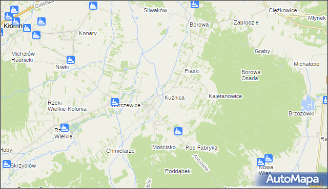 mapa Kuźnica gmina Kłomnice, Kuźnica gmina Kłomnice na mapie Targeo