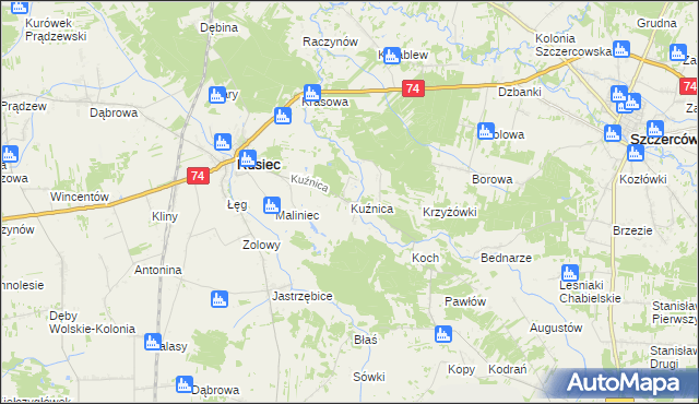 mapa Kuźnica gmina Rusiec, Kuźnica gmina Rusiec na mapie Targeo