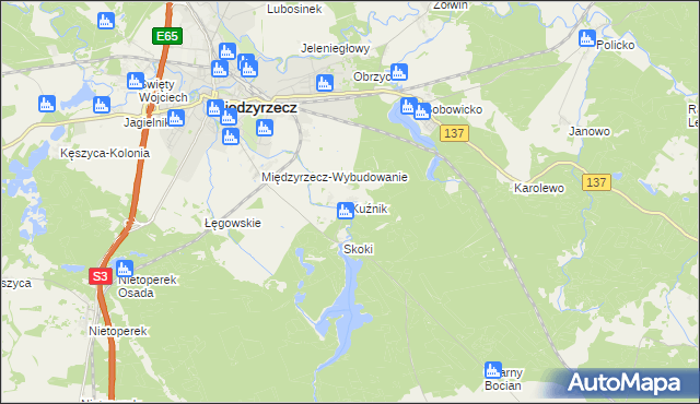 mapa Kuźnik gmina Międzyrzecz, Kuźnik gmina Międzyrzecz na mapie Targeo