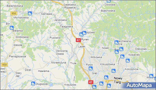 mapa Lasek gmina Nowy Targ, Lasek gmina Nowy Targ na mapie Targeo