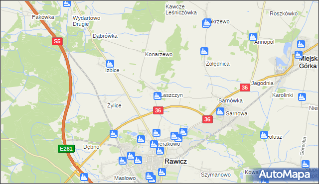 mapa Łaszczyn gmina Rawicz, Łaszczyn gmina Rawicz na mapie Targeo