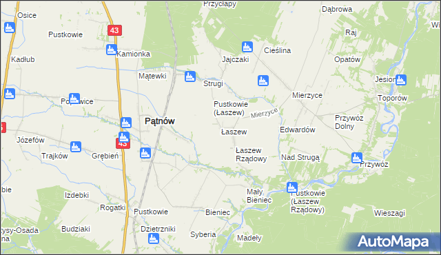 mapa Łaszew gmina Wierzchlas, Łaszew gmina Wierzchlas na mapie Targeo