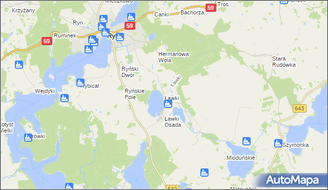 mapa Ławki gmina Ryn, Ławki gmina Ryn na mapie Targeo