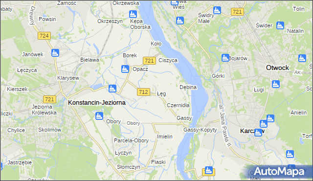 mapa Łęg gmina Konstancin-Jeziorna, Łęg gmina Konstancin-Jeziorna na mapie Targeo