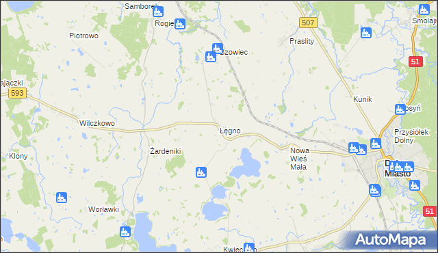mapa Łęgno gmina Dobre Miasto, Łęgno gmina Dobre Miasto na mapie Targeo