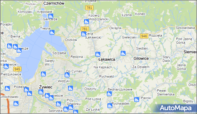 mapa Łękawica powiat żywiecki, Łękawica powiat żywiecki na mapie Targeo