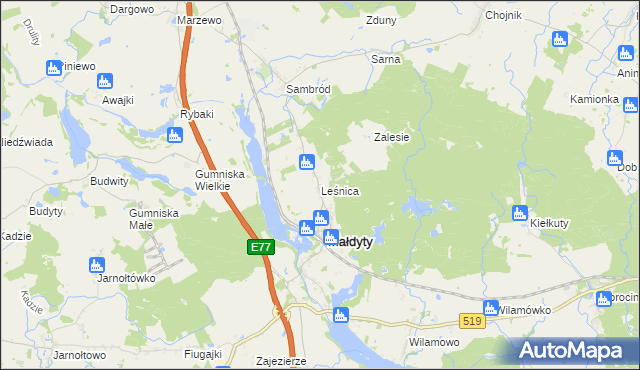 mapa Leśnica gmina Małdyty, Leśnica gmina Małdyty na mapie Targeo
