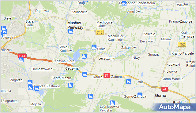 mapa Leszczyny gmina Górno, Leszczyny gmina Górno na mapie Targeo