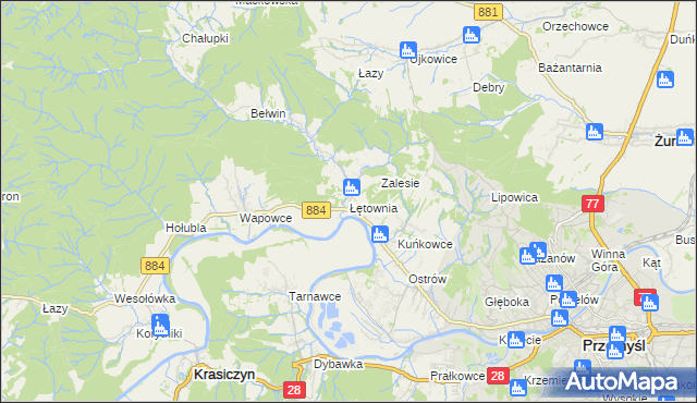 mapa Łętownia gmina Przemyśl, Łętownia gmina Przemyśl na mapie Targeo