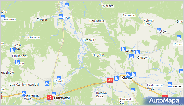 mapa Ligęzów gmina Klwów, Ligęzów gmina Klwów na mapie Targeo