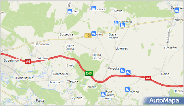 mapa Ligota Górna gmina Strzelce Opolskie, Ligota Górna gmina Strzelce Opolskie na mapie Targeo