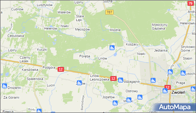 mapa Linów gmina Zwoleń, Linów gmina Zwoleń na mapie Targeo