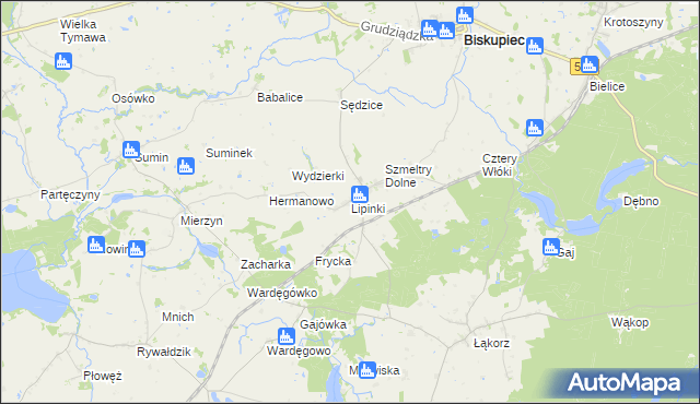 mapa Lipinki gmina Biskupiec, Lipinki gmina Biskupiec na mapie Targeo
