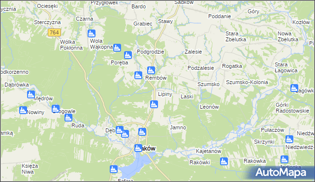 mapa Lipiny gmina Raków, Lipiny gmina Raków na mapie Targeo
