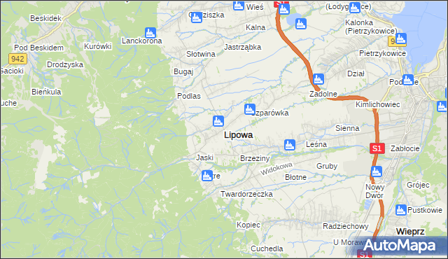 mapa Lipowa powiat żywiecki, Lipowa powiat żywiecki na mapie Targeo