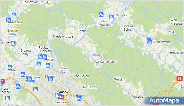 mapa Liszna gmina Sanok, Liszna gmina Sanok na mapie Targeo