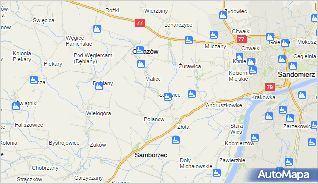 mapa Łojowice gmina Samborzec, Łojowice gmina Samborzec na mapie Targeo