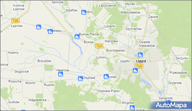 mapa Łominy gmina Ujazd, Łominy gmina Ujazd na mapie Targeo