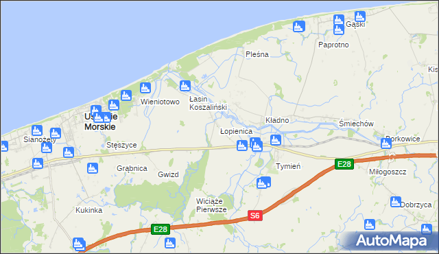 mapa Łopienica gmina Będzino, Łopienica gmina Będzino na mapie Targeo