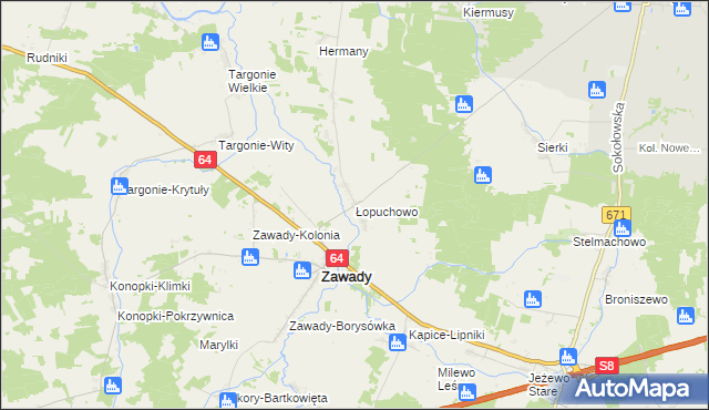 mapa Łopuchowo gmina Tykocin, Łopuchowo gmina Tykocin na mapie Targeo