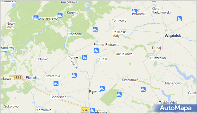 mapa Łubki gmina Radomin, Łubki gmina Radomin na mapie Targeo