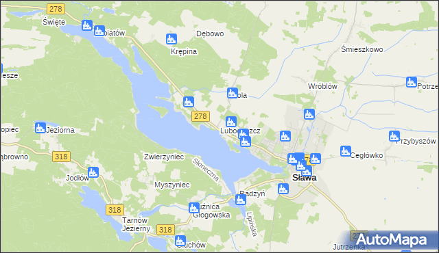 mapa Lubogoszcz gmina Sława, Lubogoszcz gmina Sława na mapie Targeo