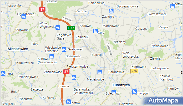 mapa Łuczyce gmina Kocmyrzów-Luborzyca, Łuczyce gmina Kocmyrzów-Luborzyca na mapie Targeo