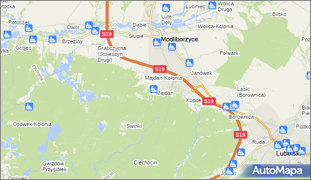 mapa Majdan gmina Modliborzyce, Majdan gmina Modliborzyce na mapie Targeo