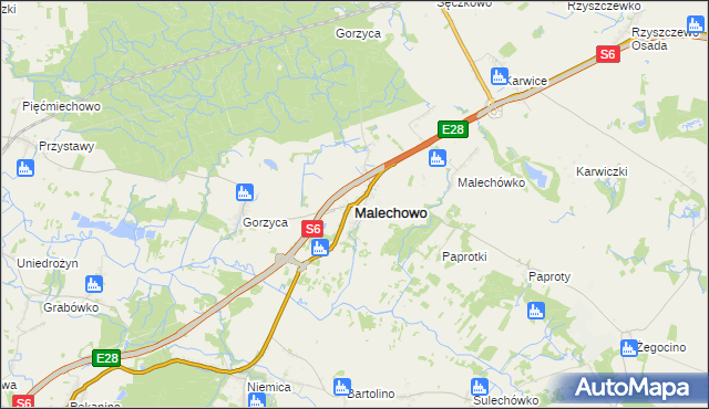 mapa Malechowo powiat sławieński, Malechowo powiat sławieński na mapie Targeo