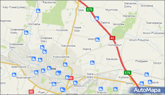 mapa Malina gmina Kutno, Malina gmina Kutno na mapie Targeo
