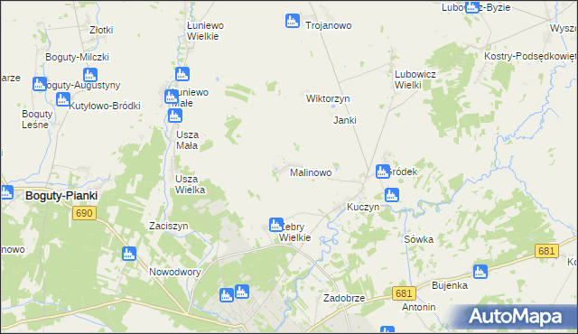 mapa Malinowo gmina Klukowo, Malinowo gmina Klukowo na mapie Targeo