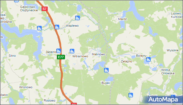 mapa Malinowo gmina Olsztynek, Malinowo gmina Olsztynek na mapie Targeo