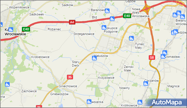 mapa Małuszów gmina Kobierzyce, Małuszów gmina Kobierzyce na mapie Targeo
