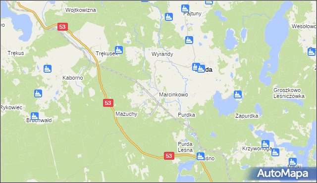 mapa Marcinkowo gmina Purda, Marcinkowo gmina Purda na mapie Targeo