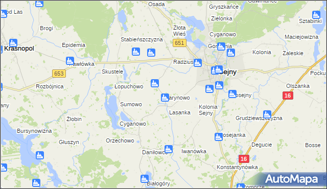 mapa Marynowo gmina Sejny, Marynowo gmina Sejny na mapie Targeo